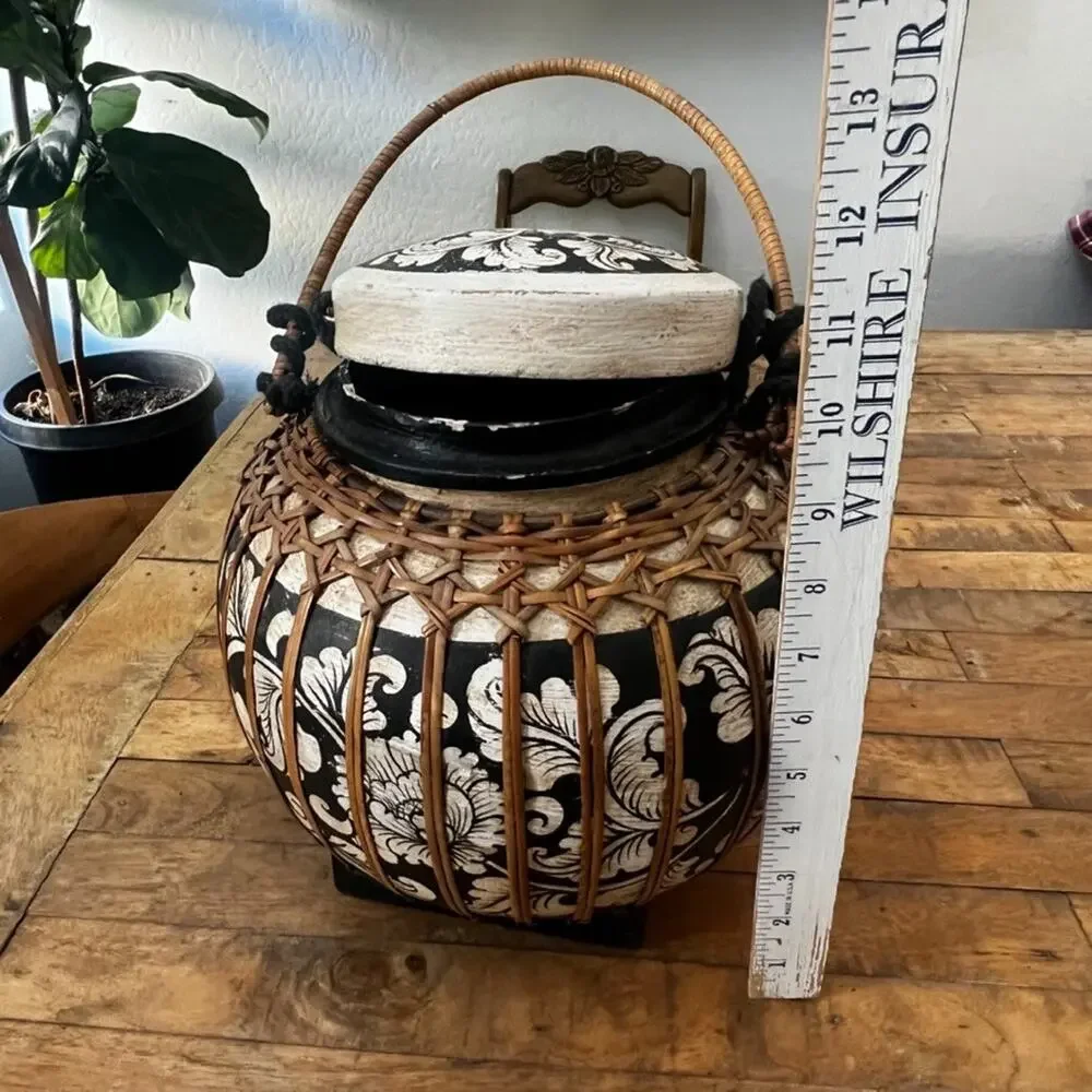 Vintage Thai Lidded Rice Basket With Handle 11.5